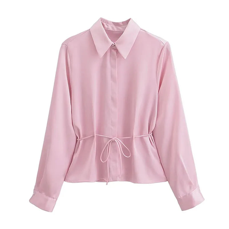 Spring Pink Turndown Collar Blouse for Woman Long Sleeves Laceup Female Single Breasted Shirt Top