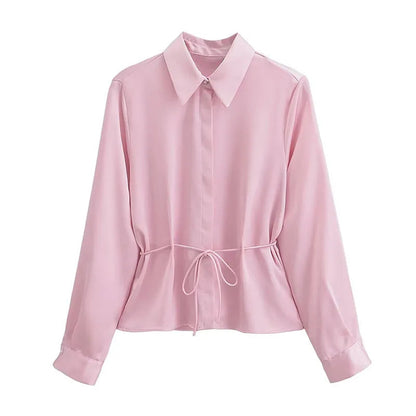Spring Pink Turndown Collar Blouse for Woman Long Sleeves Laceup Female Single Breasted Shirt Top