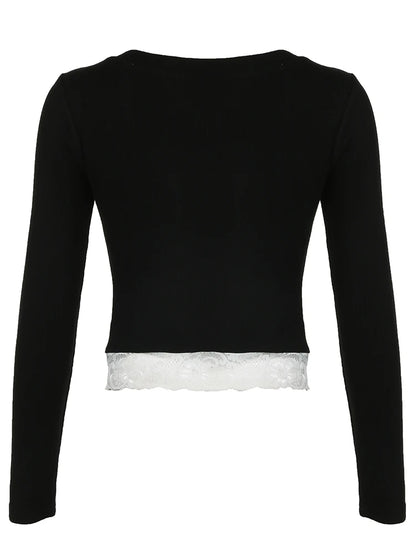 Contrast Lace Patchwork Y2k Slim Long Sleeve Black T-shirts Button Up V Neck Basic Spring Autumn Tee