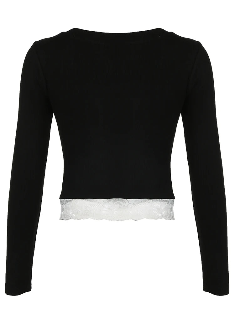 Contrast Lace Patchwork Y2k Slim Long Sleeve Black T-shirts Button Up V Neck Basic Spring Autumn Tee