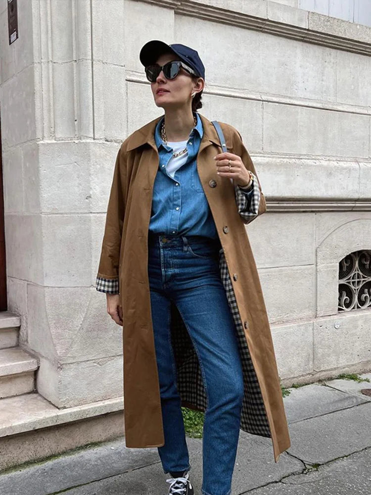 Woman Long Trench Coats Khaki Plaid Lined Lapel Single Breasted Jacket With Pocket Autumn Lady Commute Outwear