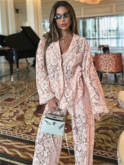 Lace Hollow Out Printed 2 Piece-set Trousers Female See-through See-through Shirts and ’s Pants Outfits