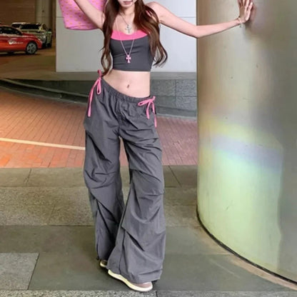 Summer New American Laceup Pleated Loose Wide Leg Pants + Backless Patchwork Camisole Twopiece Suit