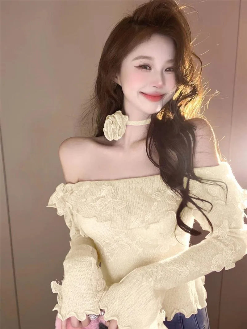 Sweet Hot Girl Flare Sleeved Sweater Autumn and Winter Off Shoulder Slash Neck Knitted Pullover Female Clothes