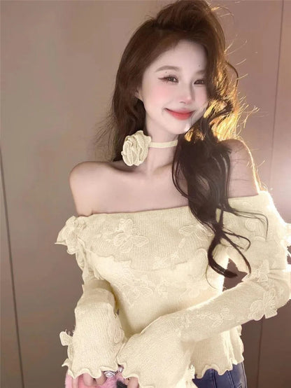 Sweet Hot Girl Flare Sleeved Sweater Autumn and Winter Off Shoulder Slash Neck Knitted Pullover Female Clothes