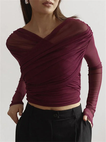 Mesh Patchwork V-neck T-shirt Top Female Long Sleeve Cropped Y2k Tee Pullover Inner ’s Top Autumn