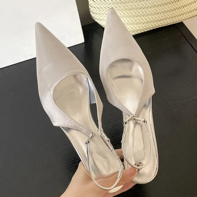 Satin Pointed Toe Mules Pumps Sandals Spring Shallow Thin Low Heels Female Shoes