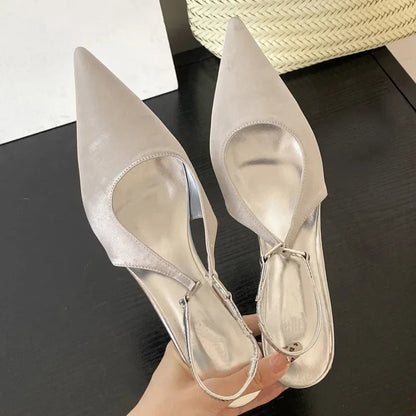 Satin Pointed Toe Mules Pumps Sandals Spring Shallow Thin Low Heels Female Shoes