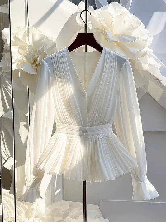 Youth Pleated White Long Sleeve Button Up Shirt V Neck Ruffle Tunic Basic Blouse Chiffon Lady Office
