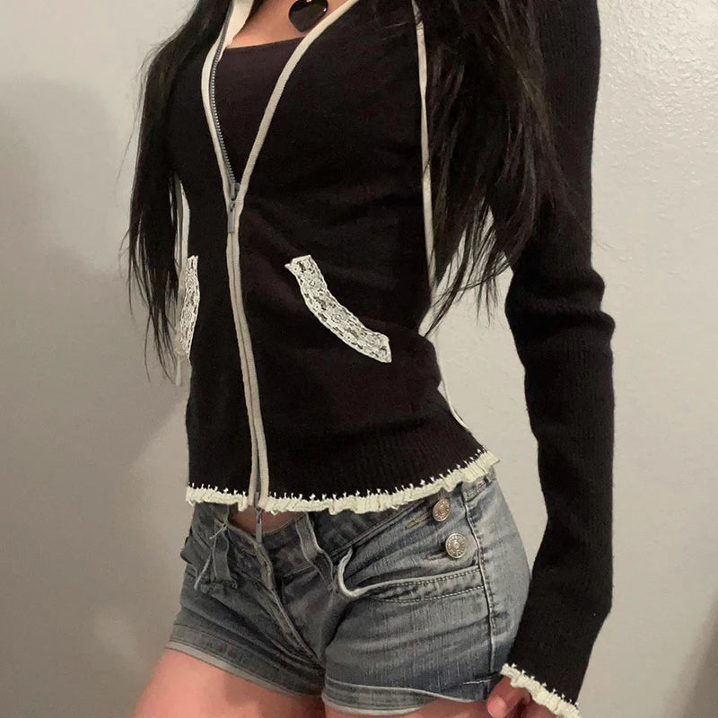 Y2k Zip Up Sweater With Hooded Slightly Thick Autumn Winter Lace Trim Pocket Knit Coat Slim Contrast