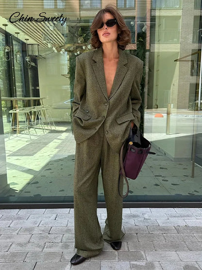Coat Pant Sets Woman Lapel Long Sleeve Single Breasted Blazer Wide Leg Pants 2 Piece Set for Loose Outfits