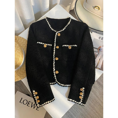 Tweed Jacket Cropped Quilted Coat Commute Black Blazer Winter Korean Short Outerwear Tops New
