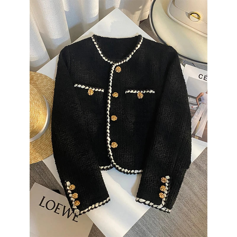 Tweed Jacket Cropped Quilted Coat Commute Black Blazer Winter Korean Short Outerwear Tops New