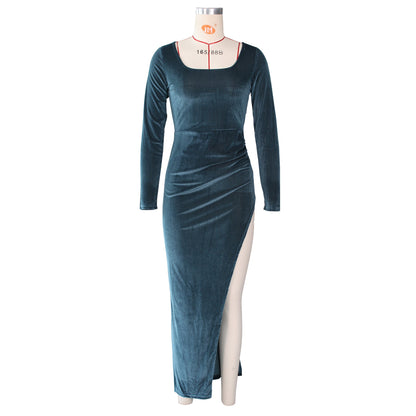 Velvet High Waist Slit Maxi Dress Long Sleeve Evening Party Dress