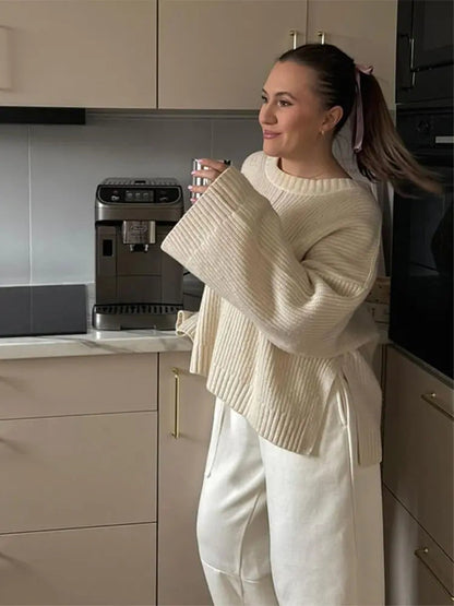 Split Hem Round Neck Sweater Flare Long Sleeves Loose Knitted Pullover Lady Warm Commuting Tops