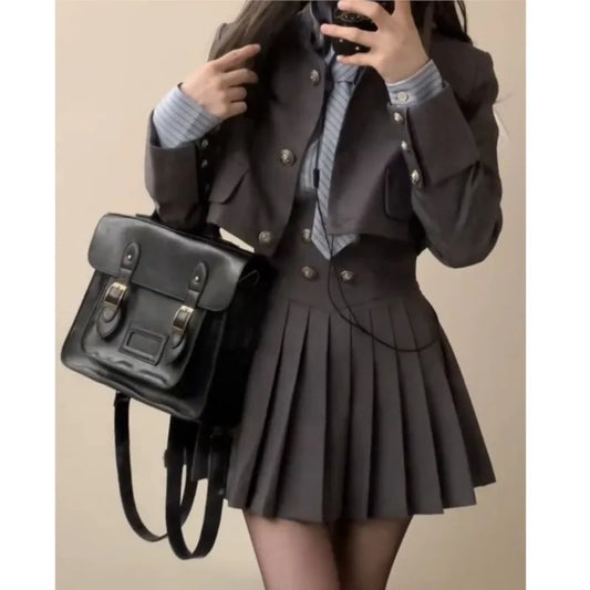 Autumn New 3 Piece Set Kawaii Skirt Suits Female Short Coat Pleated Mini Skirt Striped Shirt Y2k Korean Outfits