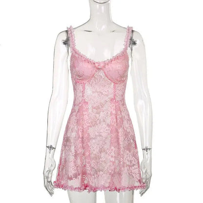 Pink Bow Lace Mini Dresses Sweet Seethrough Mesh Sleeveless Ruffles Short Dress Fairy Camisole Kawaii Dress