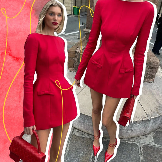 Bows Splice Long Sleeve Mini Dress Office Woman Bodycon Club Party Dresses Autumn High Waist
