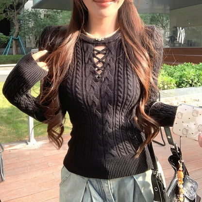 Hollow Color Longsleeved Sweater Autumn New Oneck Laceup Slim Allmatch Knitted Tops