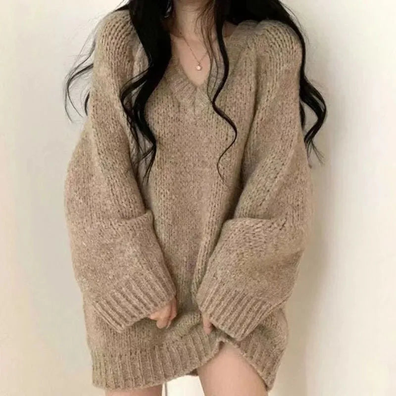 Autumn Winter Knitted Sweaters Korean Oversized Simple V Neck Pullover Harajuku Puff Sleeves Jumpers Fc8557