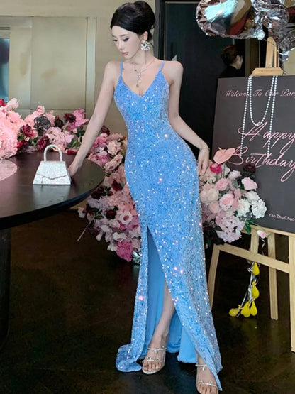 Blue Evening Gown Dresses Slim Backless Vneck Split Maxi Dress Robe Birthday Party Spring Autumn
