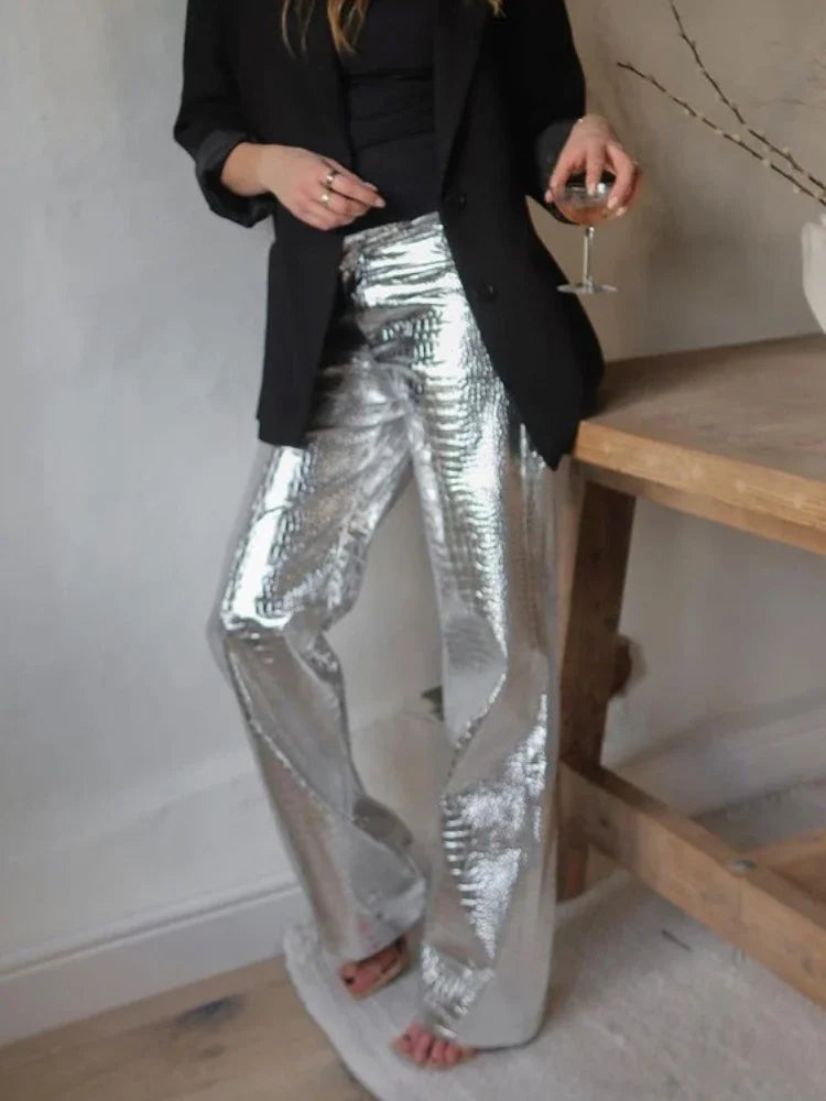 Silver Pu Pants Autumn Winter High Waist Loose Straight Trousers Party Y2k Girl Pants Trousers