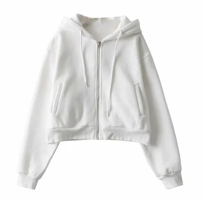 Autumn Spring Zip Up Hoodies Pockets Slim Crop Top Jacket Female Clothes Drawstring White Hoody Cotton Coats