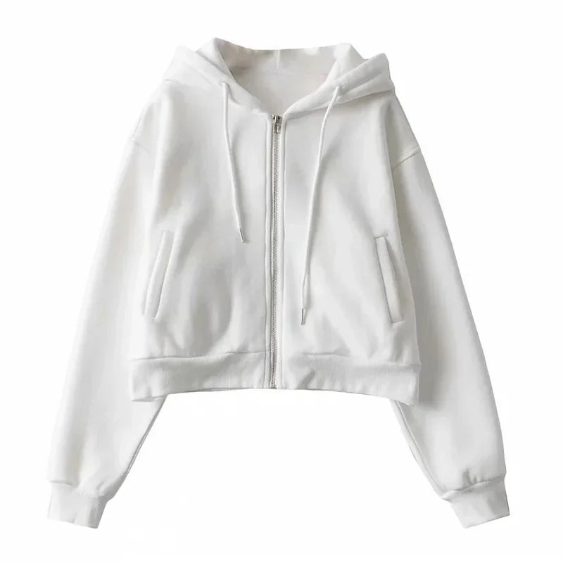 Autumn Spring Zip Up Hoodies Pockets Slim Crop Top Jacket Female Clothes Drawstring White Hoody Cotton Coats