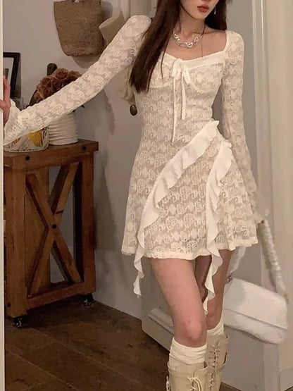 Autumn French Y2k Mini Dress Woman Flare Sleeve Ruffles Laceup Slim Aline One Piece Party Robe Korean