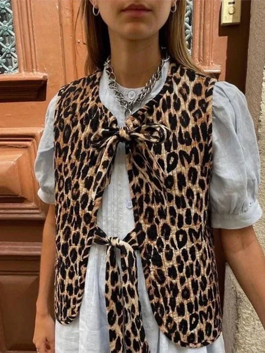 Leopard Printed Lace Up Top for V Neck Sleeveless Vest New Spring Summer Female High Street Wasitcoat