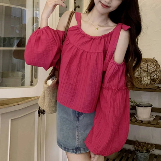 Y2k Clothes Color Tie Shoulder Lantern Cold Shoulder Long Sleeve Blouses Tops 2000s Shirts