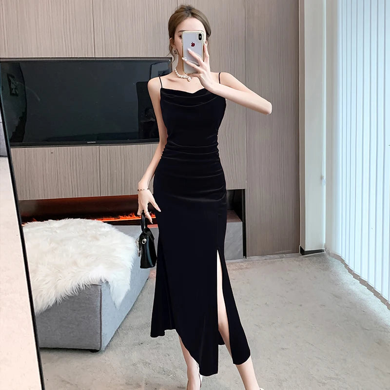Split Velvet Midi Dresses Summer French Spaghetti Strap Wedding Party Female Clothing