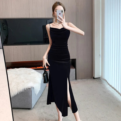 Split Velvet Midi Dresses Summer French Spaghetti Strap Wedding Party Female Clothing