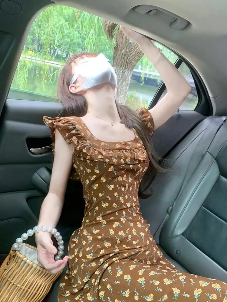 Flying Sleeve Dresses Print Ruffles Sweet Spring Summer Long Dress French Style Vestidos Mujer