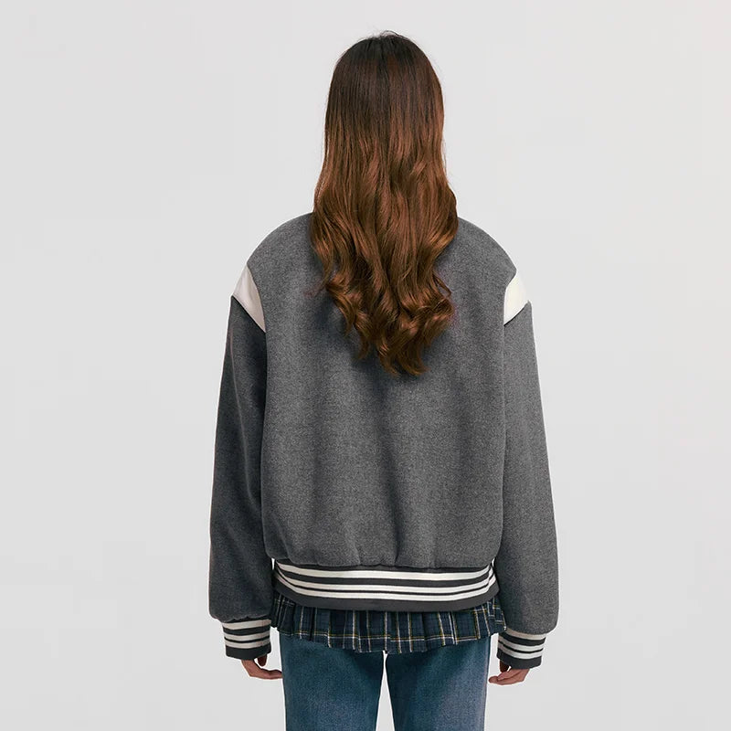 Coat Embroidery Patchwork Contrast Color Loose Jacket New Winter Imitation Woolen Baseball Jacket
