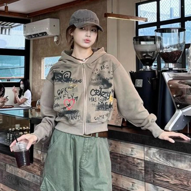 Y2k Hooded Sweatshirt Spring New Letter Print Zipper Jacket American Retro Crop Tops Female Coat