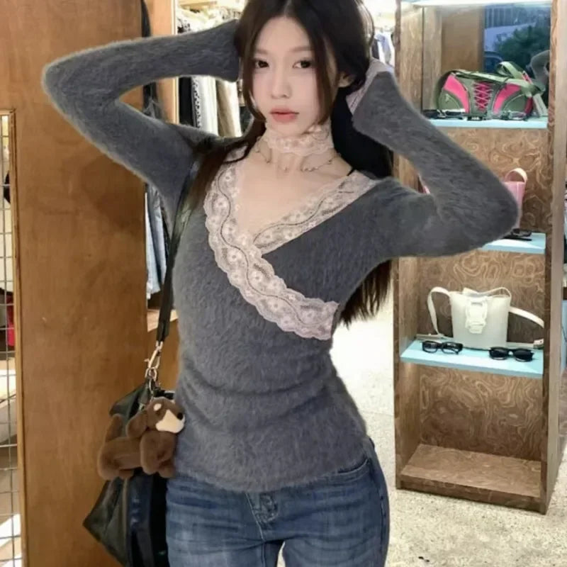 Vneck Lace Splicing Longsleeved Sweater Spring New Korean Contrast Color Slim Cashmere Knitted Tops
