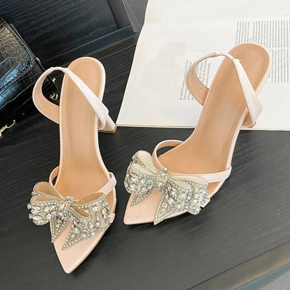 Crystal Rhinestone Bowknot Pointed Open Toe Back Strap Sandals Pink High Heels Wedding Prom Shoes Size 3541