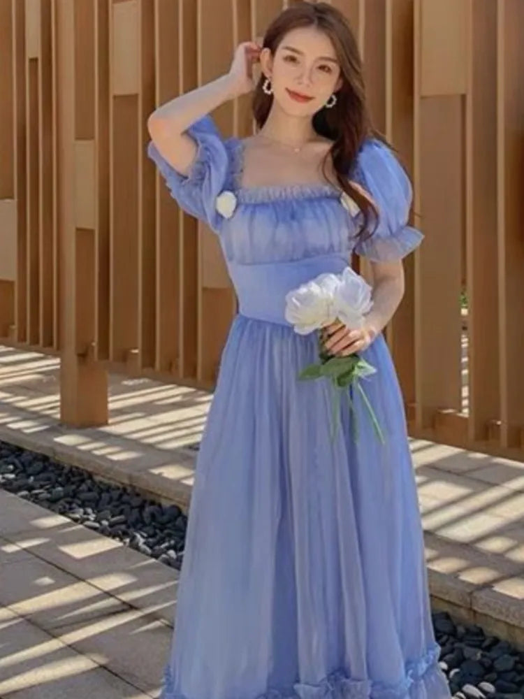 French Blue Fairy Evening Dresses for Square Collar Birthday Party Midi Dress Summer Aline Vestidos Robe