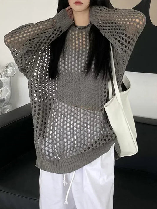 Summer Oversize T-shirt Knitted Sweater ’s Long Sleeve Transparent Top Loose Pullovers Basic T-shirt for