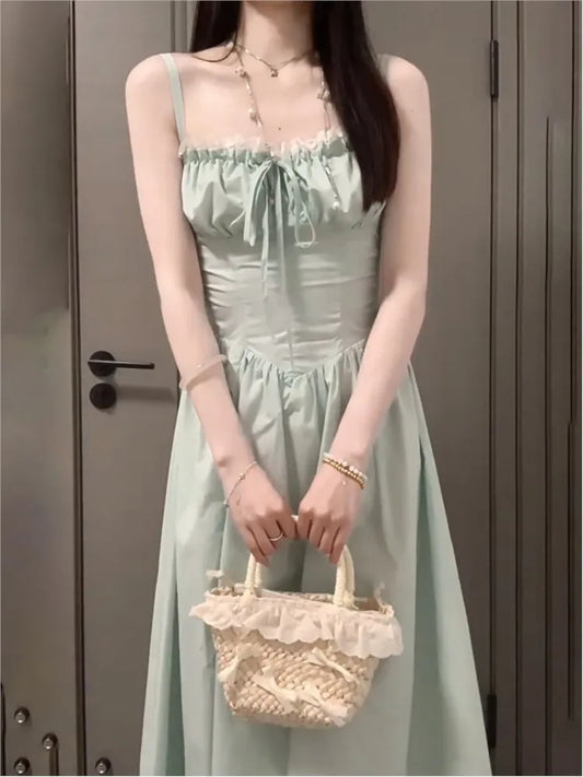Summer New Spaghetti Strap Backless Midi Dresses for Lace-up Sleeveless Beach Style Korean One Piece Vestido Mujer