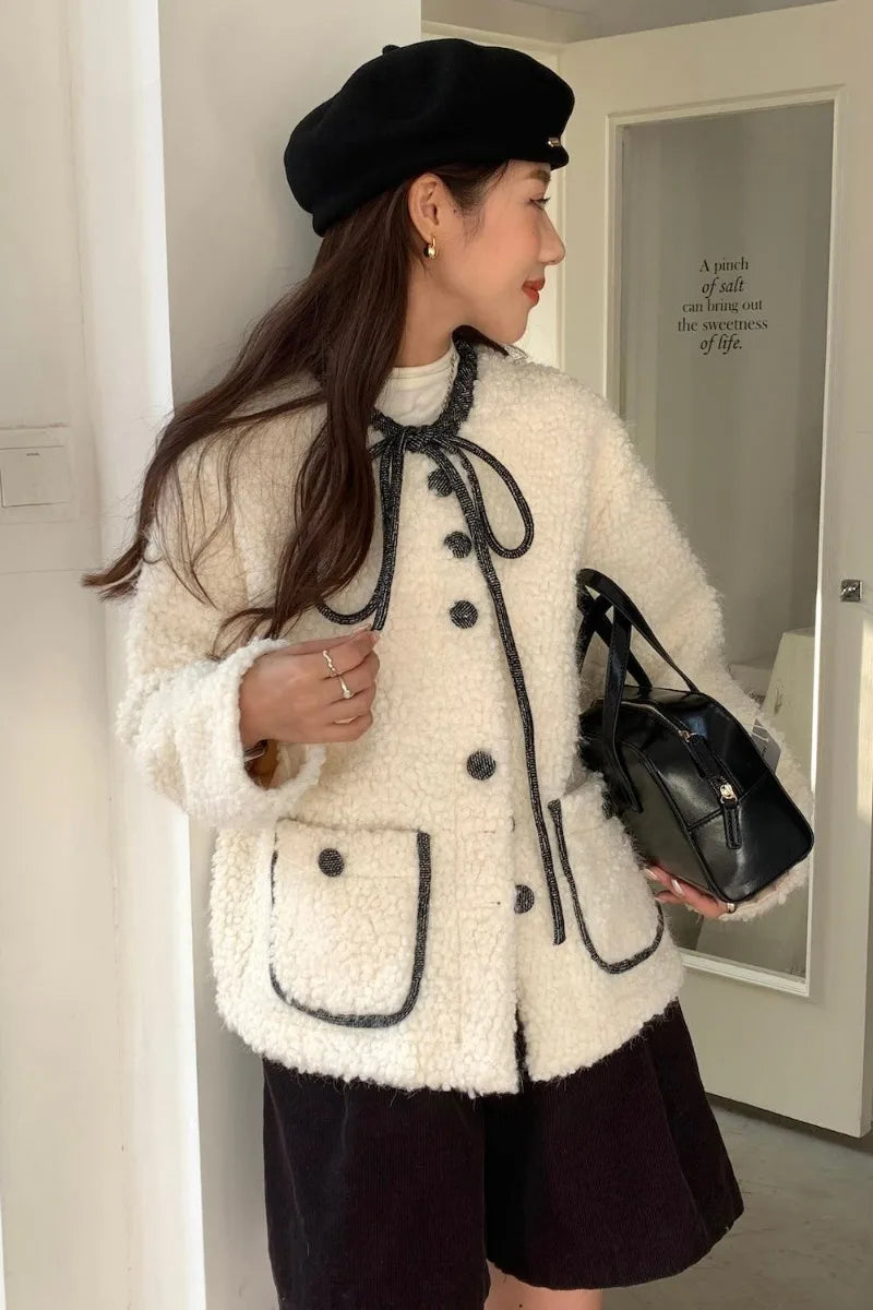 Sweet Hot Girl Oneck Doublesided Woolen Coat Autumn/winter Oneck Laceup Loose Coat Female Clothes