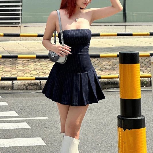 Strapless Mini Dress Y2k Aesthetic Clothes Striped Pleated a Line Dress 2000s Cocktail Party Dresses
