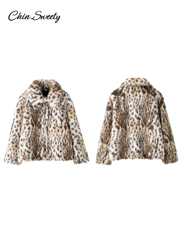 Leopard Print Faux Fur Short Coat Puff Plush Lapel Loose Button Jacket Female Winter Thick Warm Outerwear