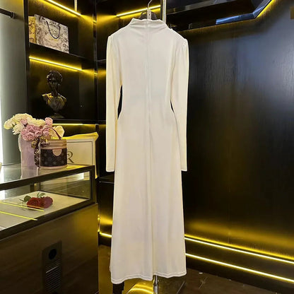 French Highend Temperament Long Sleeve White Dress for Autumn New Half High Neck 3d Flowers Slimming Maxi Dress