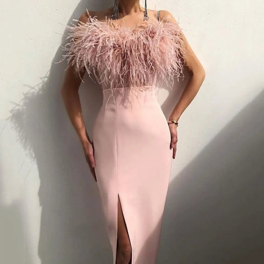 Spring/summer Dress Strap Feather Dress Split Hem Long Dress Vestidos Femme Party Bodycon Dress New