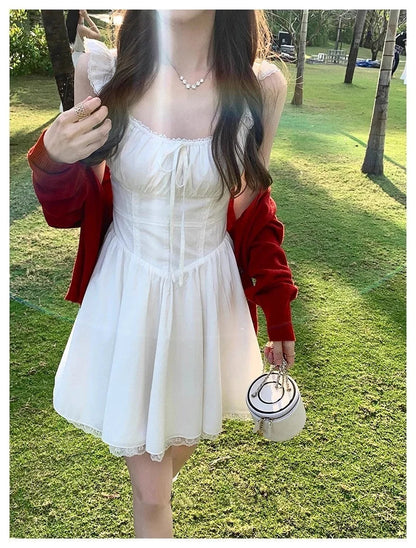 Sweet White Mini Dress Square Collar Sleeveless Laceup Birthday Party Dresses Summer Aline Short Vestidos