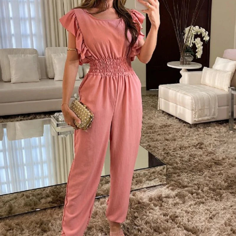 New Commute Ruffles Pencil Pant Playsuits O Neck Color High Street Jumpsuit Short Sleeve High Waist Romper