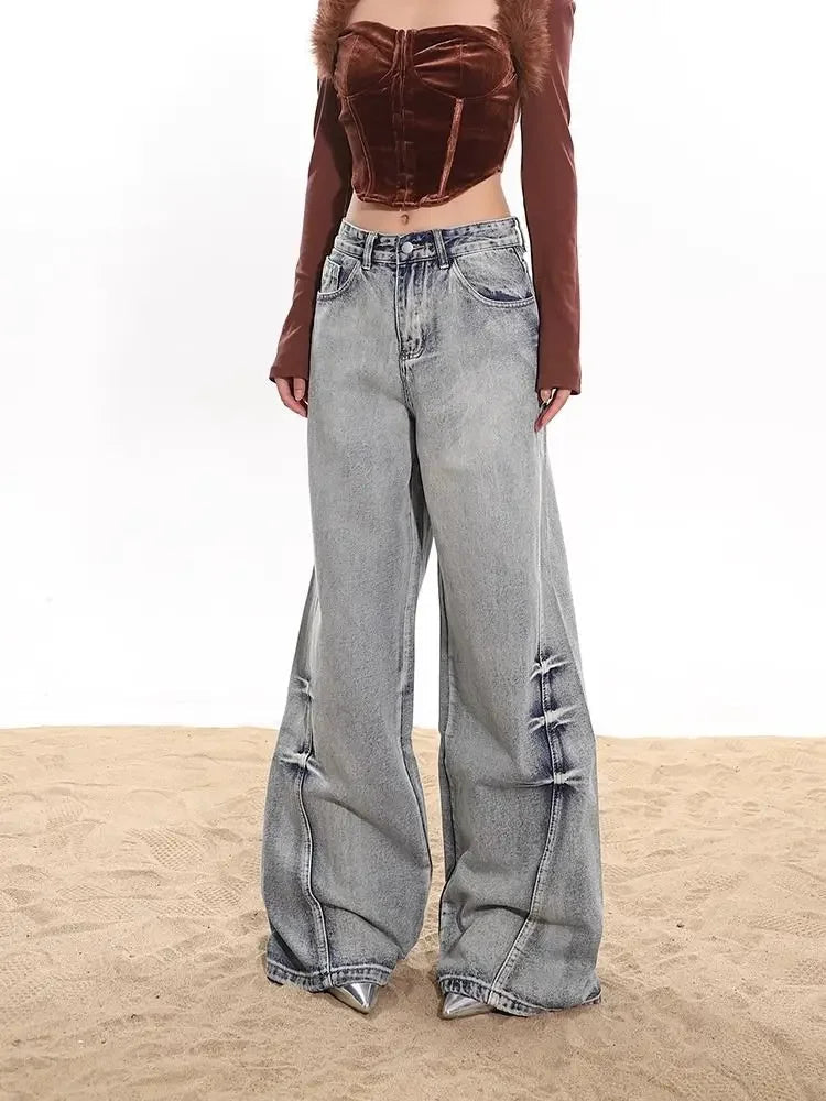 Do Old Black Retro Denim Pants for Y2k Harajuku Causal Baggy Washed Wide Leg Jeans Hip Hop Slouchy Jeans Lady