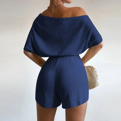 New Spring Tieup Shorts Jumpsuit Off Shoulder Slim Knitted Romper Playsuit Summer Short Sleeve Hollow Overalls